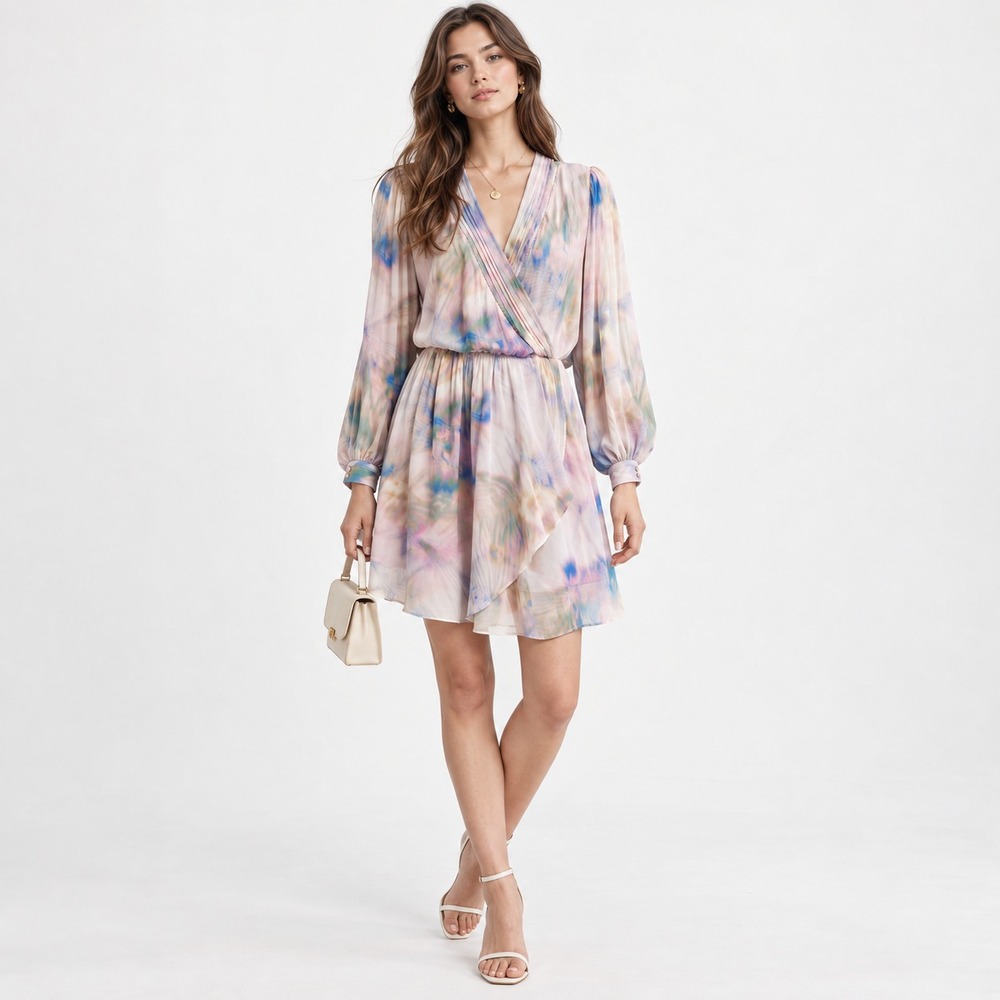 HUGO BOSS Women's New Mini Faux Wrap Dress 10 MEDIUM Multicolor Long Sleeve
